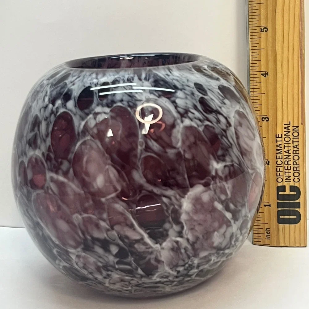 Amethyst‎ Purple White Art Glass Vase Hand Blown Mottled Orb Round Bud Vase 4.5
